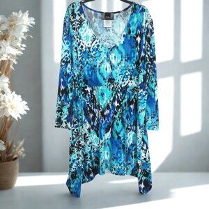 Slinky Brand 1X Plus Size Blue Turquoise Abstract Tunic Top